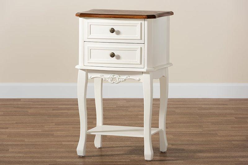 Varen French White and Cherry Brown 2-Drawer End Table Baxton