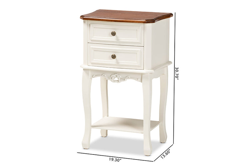 Varen French White and Cherry Brown 2-Drawer End Table Baxton
