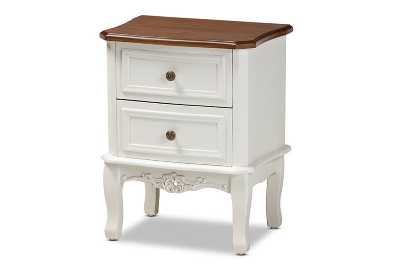 Aveena French White and Cherry Brown 2-Drawer End Table Baxton