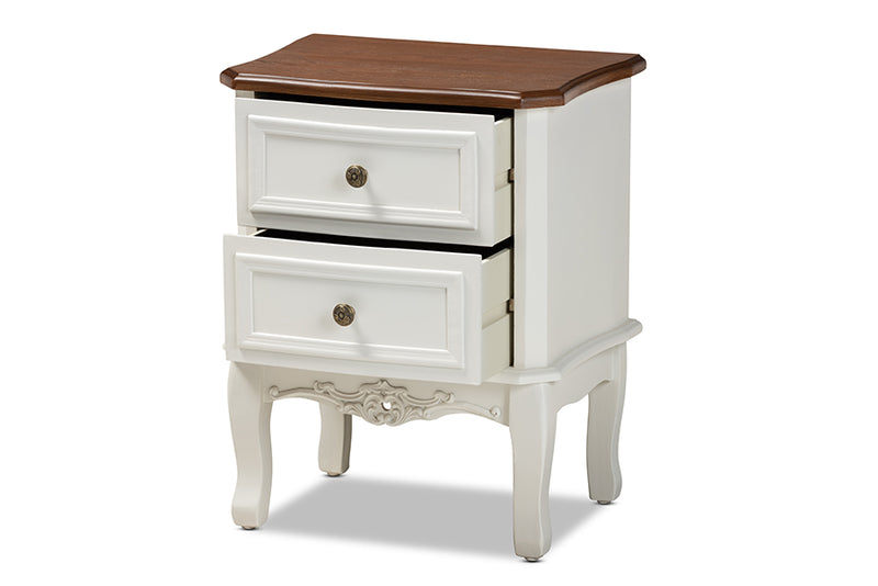 Aveena Classic and Traditional French White and Cherry Brown Finished Wood 2-Drawer End Table