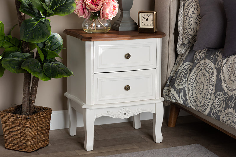 Aveena Classic and Traditional French White and Cherry Brown Finished Wood 2-Drawer End Table