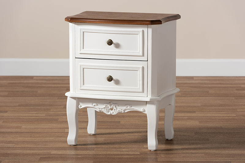 Aveena Classic and Traditional French White and Cherry Brown Finished Wood 2-Drawer End Table