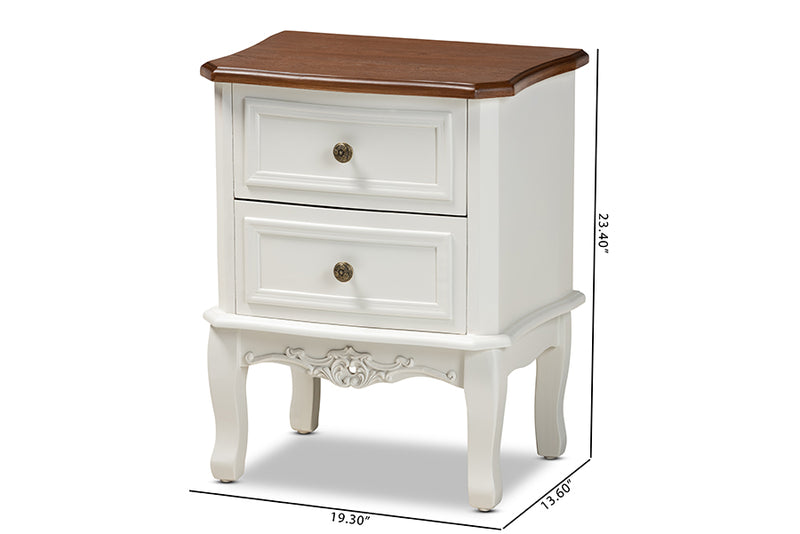 Aveena Classic and Traditional French White and Cherry Brown Finished Wood 2-Drawer End Table