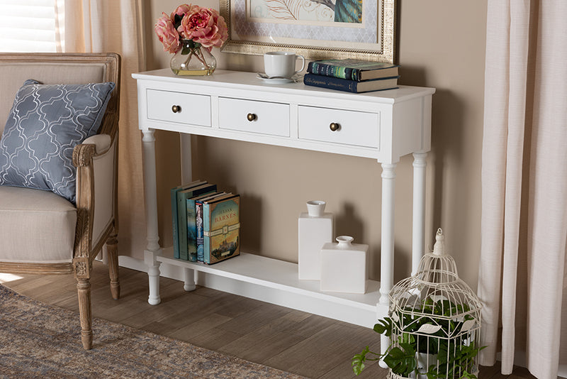 Zala Classic and Traditional French Farmhouse White Finished Wood 3-Drawer Entryway Console Table