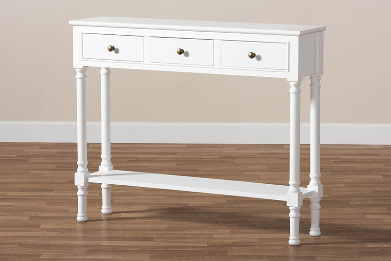 Zala French Farmhouse White 3-Drawer Entryway Console Table Baxton