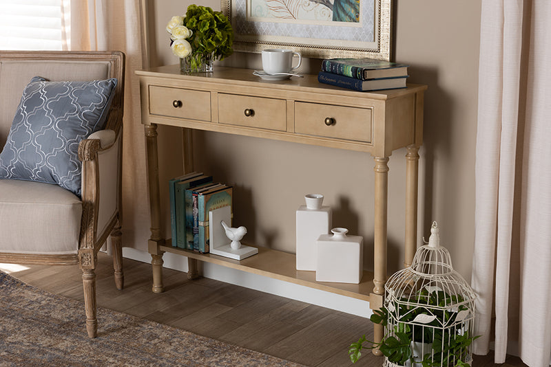 Zala Classic and Traditional French Farmhouse Oak Brown Finished Wood 3-Drawer Entryway Console Table