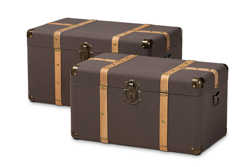 Douglas Modern and Contemporary Dark Brown Fabric Upholstered and Oak Brown Finished 2-Piece Storage Trunk Set