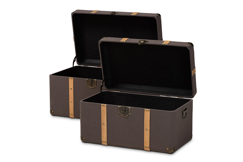 Douglas Modern and Contemporary Dark Brown Fabric Upholstered and Oak Brown Finished 2-Piece Storage Trunk Set