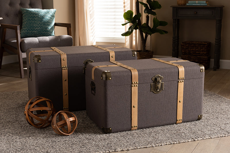 Douglas Modern and Contemporary Dark Brown Fabric Upholstered and Oak Brown Finished 2-Piece Storage Trunk Set