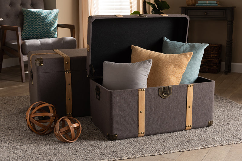 Douglas Modern and Contemporary Dark Brown Fabric Upholstered and Oak Brown Finished 2-Piece Storage Trunk Set