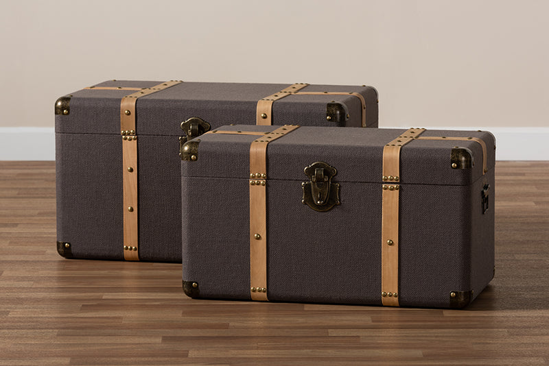 Douglas Modern and Contemporary Dark Brown Fabric Upholstered and Oak Brown Finished 2-Piece Storage Trunk Set