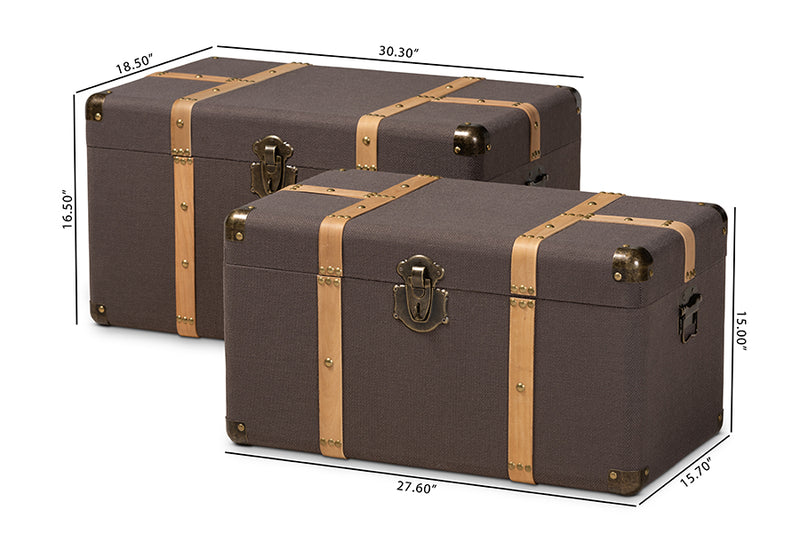 Douglas Modern and Contemporary Dark Brown Fabric Upholstered and Oak Brown Finished 2-Piece Storage Trunk Set