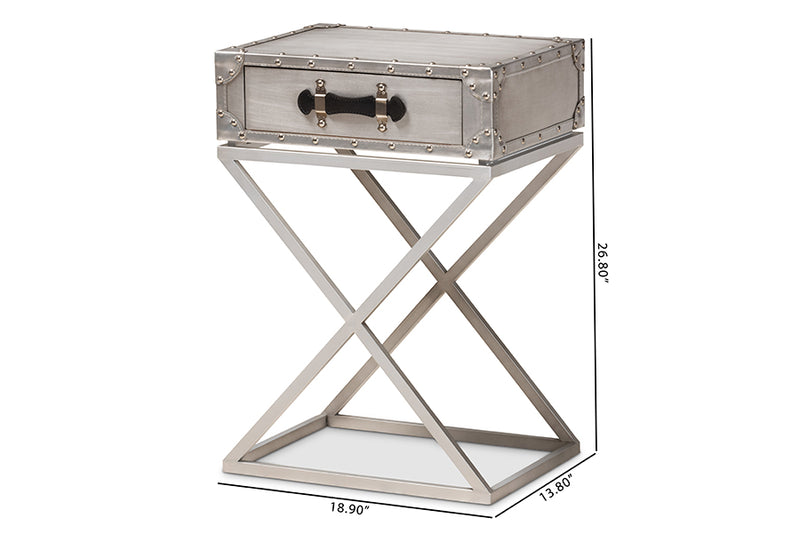 Garan Modern French Industrial Silver Metal 1-Drawer End Table