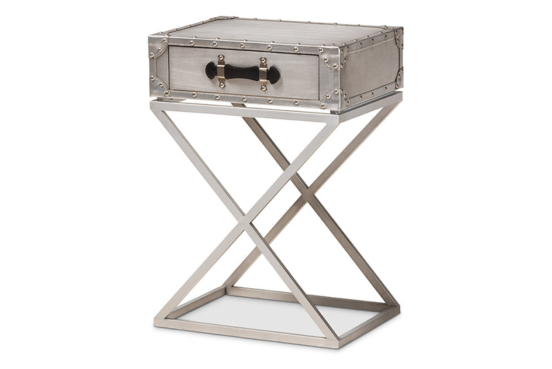 Garan Modern French Industrial Silver Metal 1-Drawer End Table