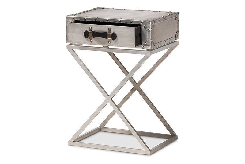 Garan Modern French Industrial Silver Metal 1-Drawer End Table