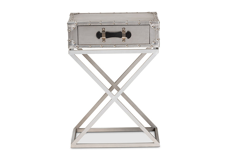 Garan Modern French Industrial Silver Metal 1-Drawer End Table