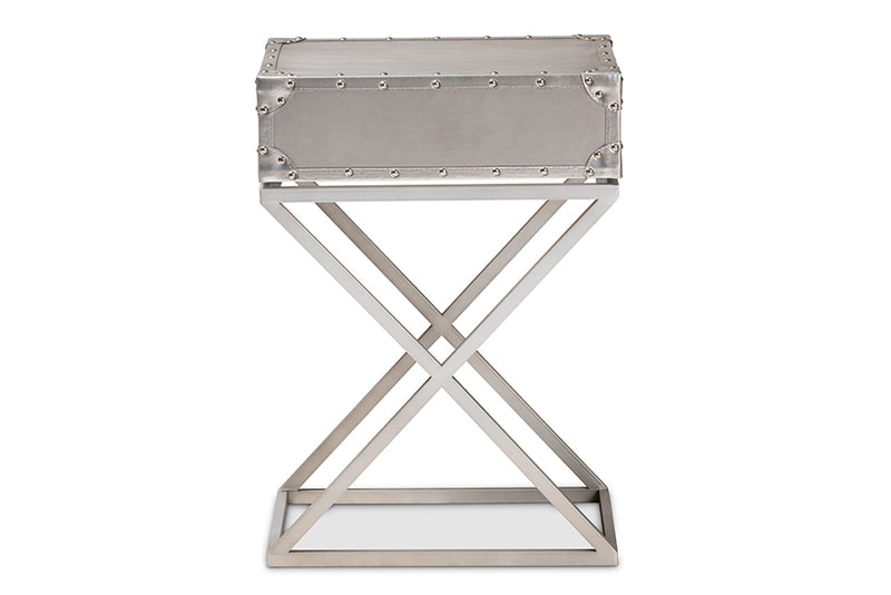 Garan Modern French Industrial Silver Metal 1-Drawer End Table