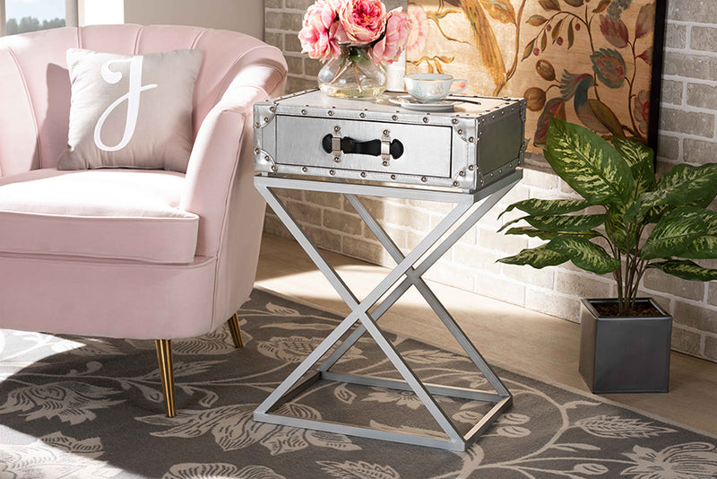 Garan Modern French Industrial Silver Metal 1-Drawer End Table