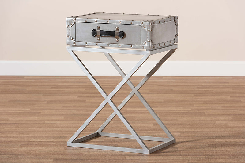 Garan Modern French Industrial Silver Metal 1-Drawer End Table