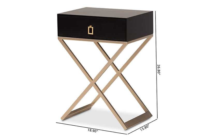 Marelli Modern and Contemporary Black Finished Wood and Powder Coated Brass Effect Metal 1-Drawer End Table