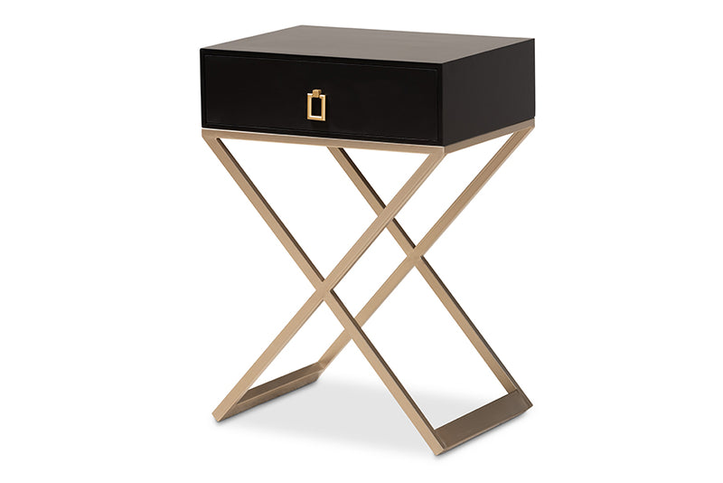 Marelli Modern and Contemporary Black Finished Wood and Powder Coated Brass Effect Metal 1-Drawer End Table