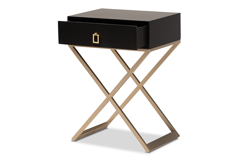 Marelli Modern and Contemporary Black Finished Wood and Powder Coated Brass Effect Metal 1-Drawer End Table