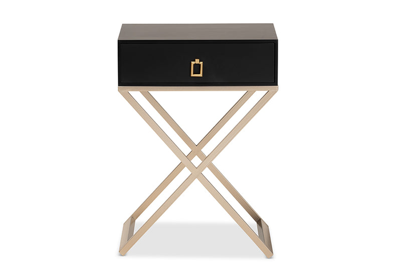 Marelli Modern and Contemporary Black Finished Wood and Powder Coated Brass Effect Metal 1-Drawer End Table