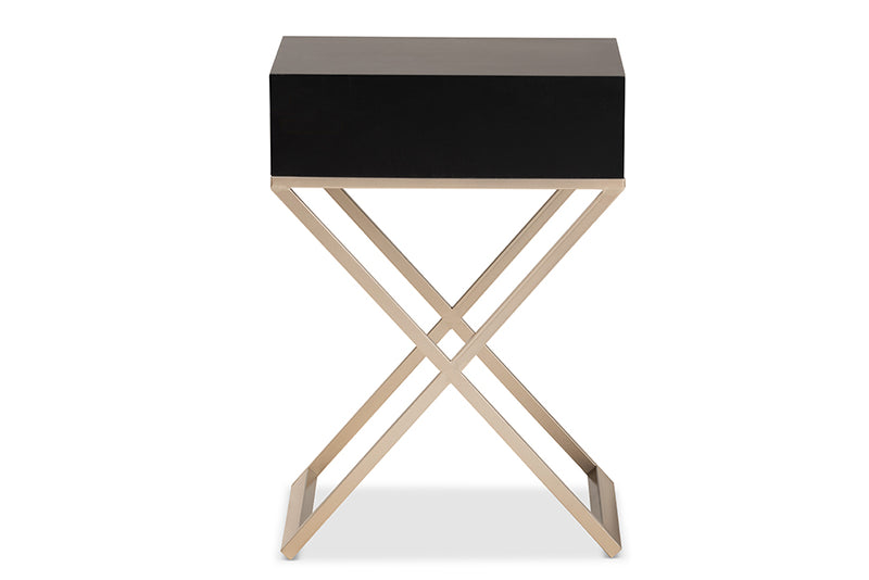 Marelli Modern and Contemporary Black Finished Wood and Powder Coated Brass Effect Metal 1-Drawer End Table