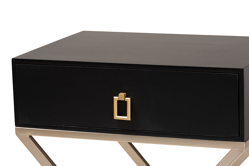 Marelli Modern and Contemporary Black Finished Wood and Powder Coated Brass Effect Metal 1-Drawer End Table