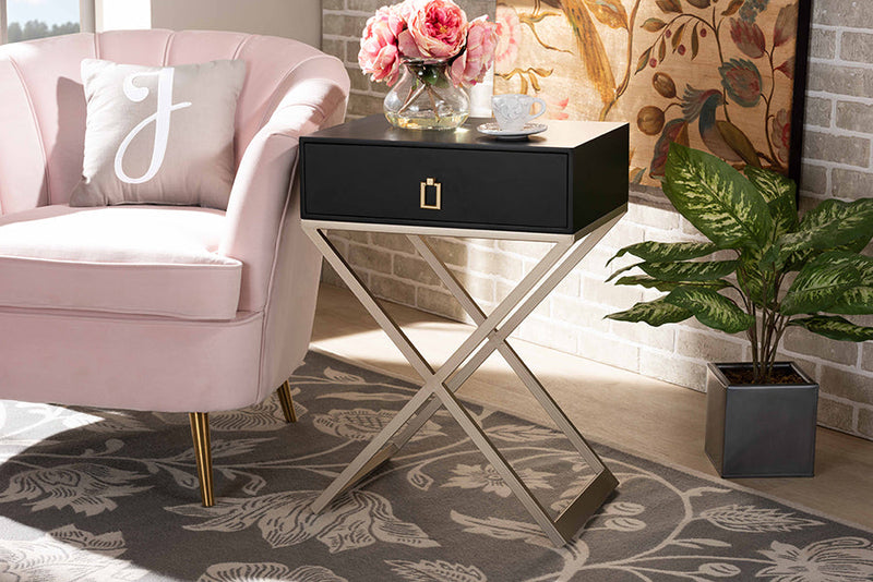 Marelli Black and Powder Coated Brass Effect Metal 1-Drawer End Table Baxton