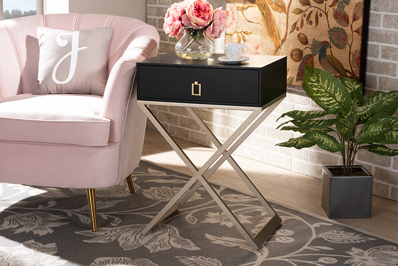 Marelli Modern and Contemporary Black Finished Wood and Powder Coated Brass Effect Metal 1-Drawer End Table