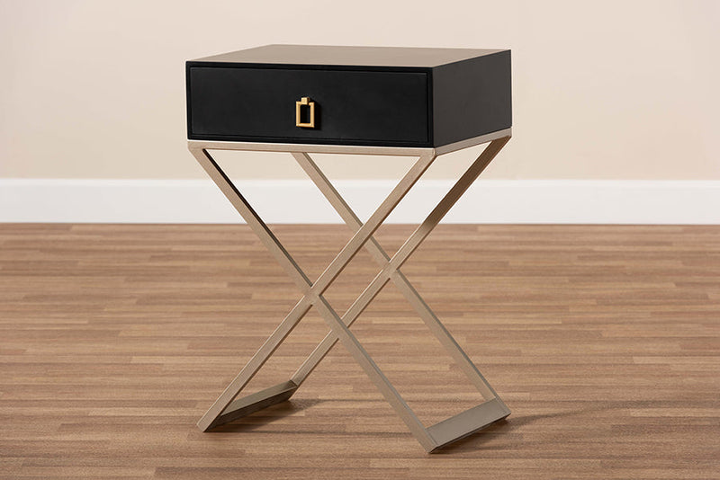 Marelli Black and Powder Coated Brass Effect Metal 1-Drawer End Table Baxton