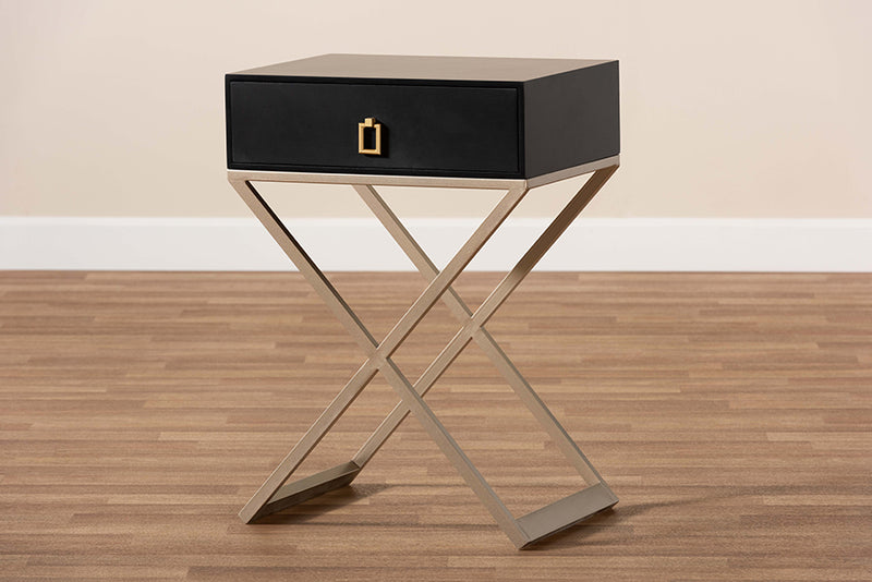 Marelli Modern and Contemporary Black Finished Wood and Powder Coated Brass Effect Metal 1-Drawer End Table