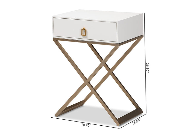 Marelli White and Powder Coated Brass Effect Metal 1-Drawer End Table Baxton
