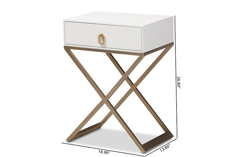 Marelli Modern and Contemporary White Finished Wood and Powder Coated Brass Effect Metal 1-Drawer End Table