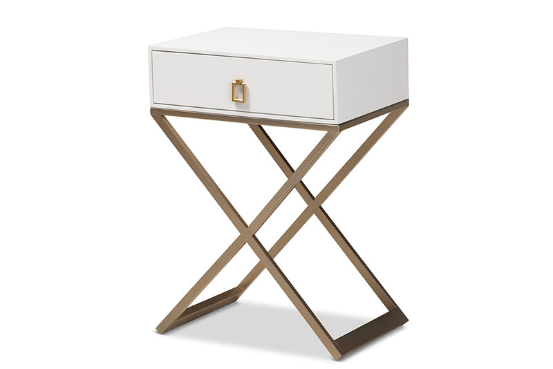 Marelli Modern and Contemporary White Finished Wood and Powder Coated Brass Effect Metal 1-Drawer End Table