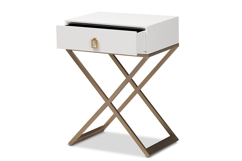 Marelli White and Powder Coated Brass Effect Metal 1-Drawer End Table Baxton