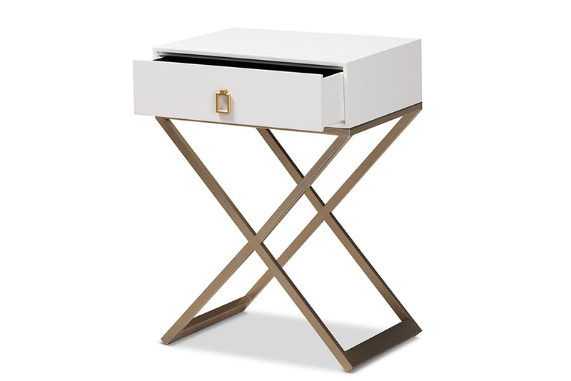 Marelli Modern and Contemporary White Finished Wood and Powder Coated Brass Effect Metal 1-Drawer End Table