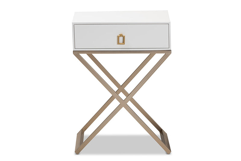 Marelli White and Powder Coated Brass Effect Metal 1-Drawer End Table Baxton