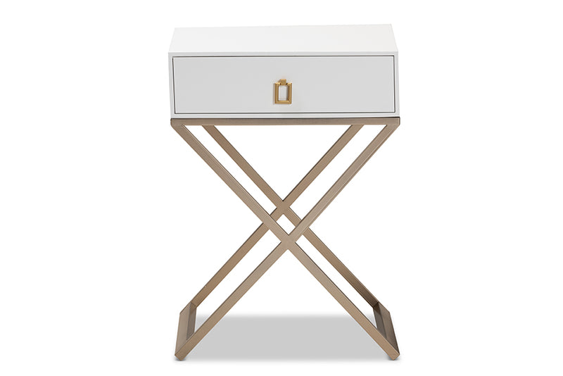 Marelli Modern and Contemporary White Finished Wood and Powder Coated Brass Effect Metal 1-Drawer End Table