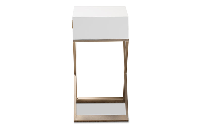 Marelli Modern and Contemporary White Finished Wood and Powder Coated Brass Effect Metal 1-Drawer End Table