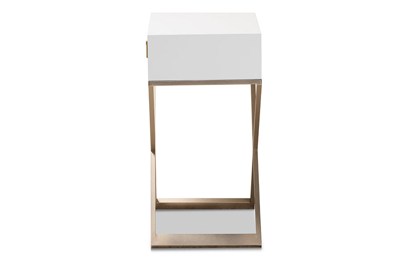 Marelli White and Powder Coated Brass Effect Metal 1-Drawer End Table Baxton