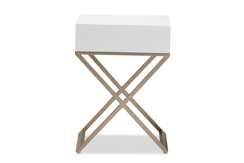 Marelli Modern and Contemporary White Finished Wood and Powder Coated Brass Effect Metal 1-Drawer End Table