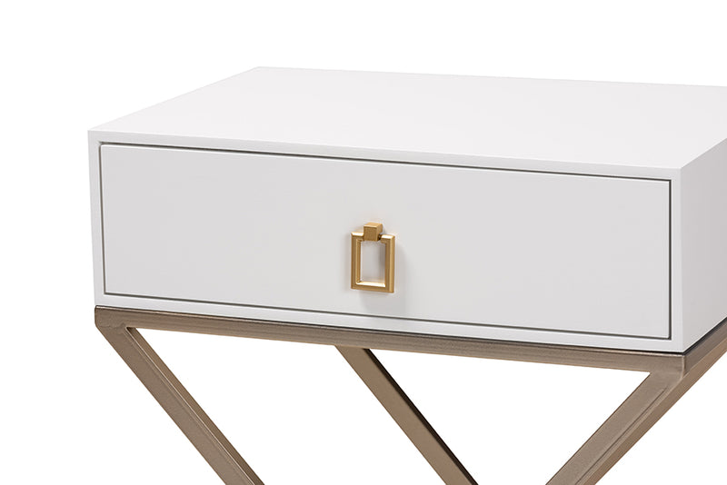 Marelli Modern and Contemporary White Finished Wood and Powder Coated Brass Effect Metal 1-Drawer End Table