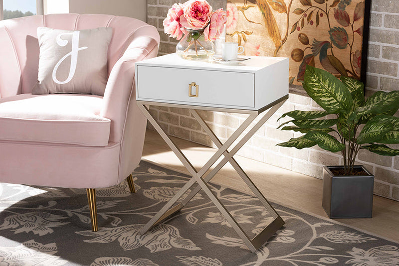 Marelli White and Powder Coated Brass Effect Metal 1-Drawer End Table Baxton