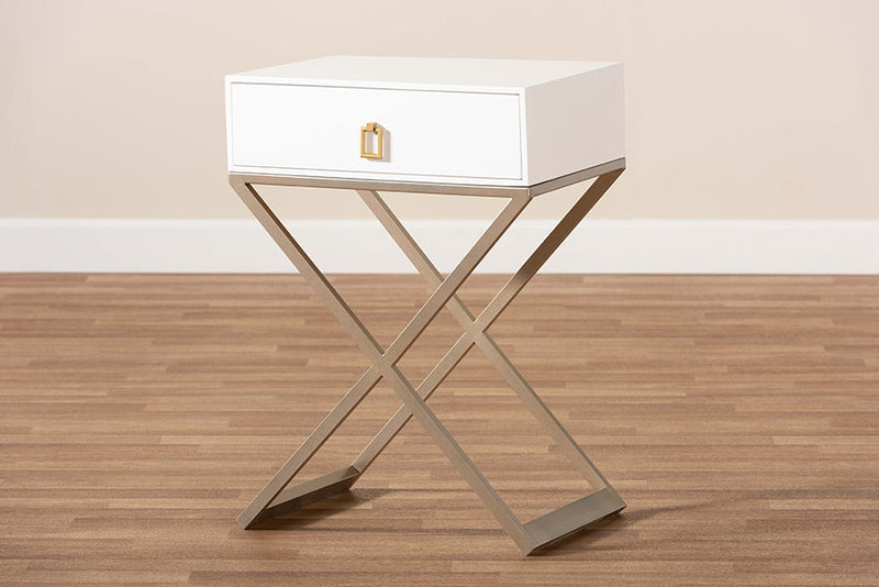 Marelli White and Powder Coated Brass Effect Metal 1-Drawer End Table Baxton