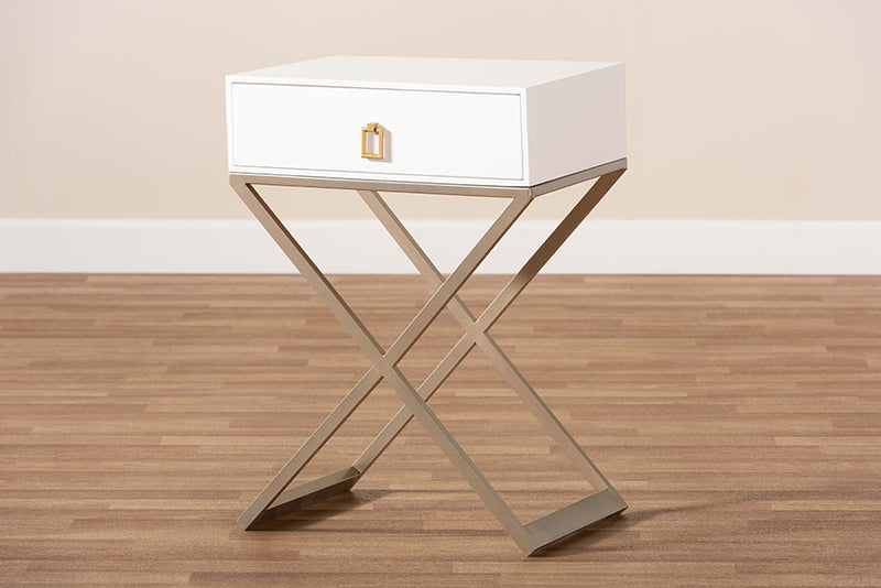 Marelli Modern and Contemporary White Finished Wood and Powder Coated Brass Effect Metal 1-Drawer End Table