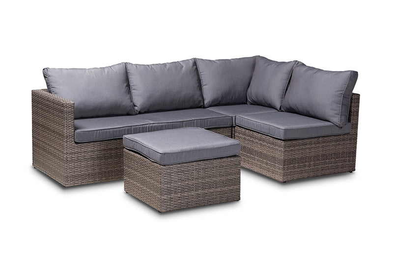 Thelma Modern and Contemporary Gray Polyester Upholstered and Brown Finished 4-Piece Woven Rattan Outdoor Patio Set