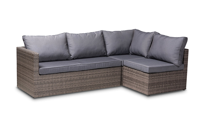 Thelma Modern and Contemporary Gray Polyester Upholstered and Brown Finished 4-Piece Woven Rattan Outdoor Patio Set