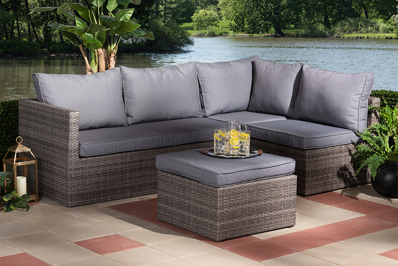 Thelma Modern and Contemporary Gray Polyester Upholstered and Brown Finished 4-Piece Woven Rattan Outdoor Patio Set